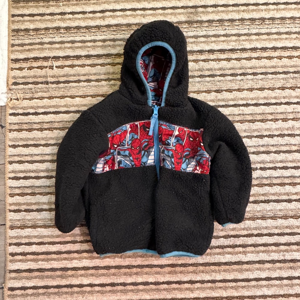 Toddler 2T Spiderman Reversible Fleece Jacket Hooded Zip Up Marvel Comic Print - Picture 2 of 5